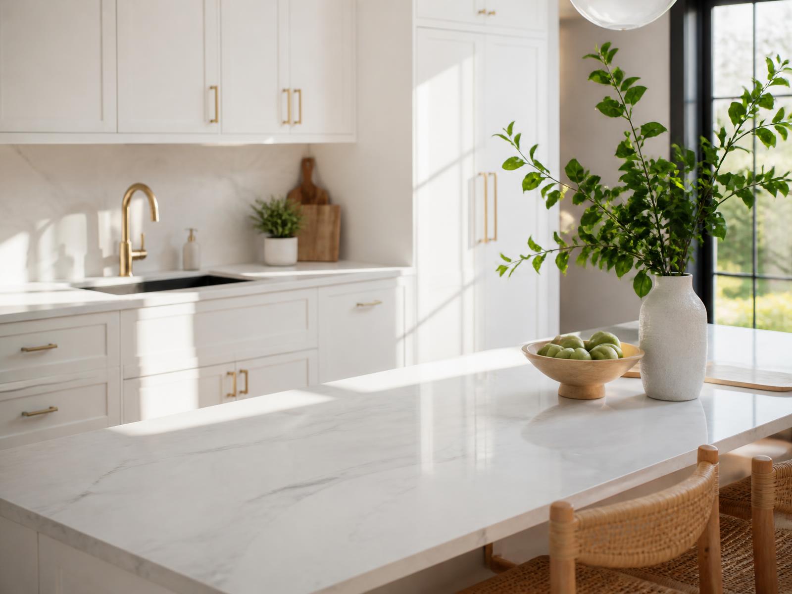 Bright, immaculately clean kitchen with marble counter