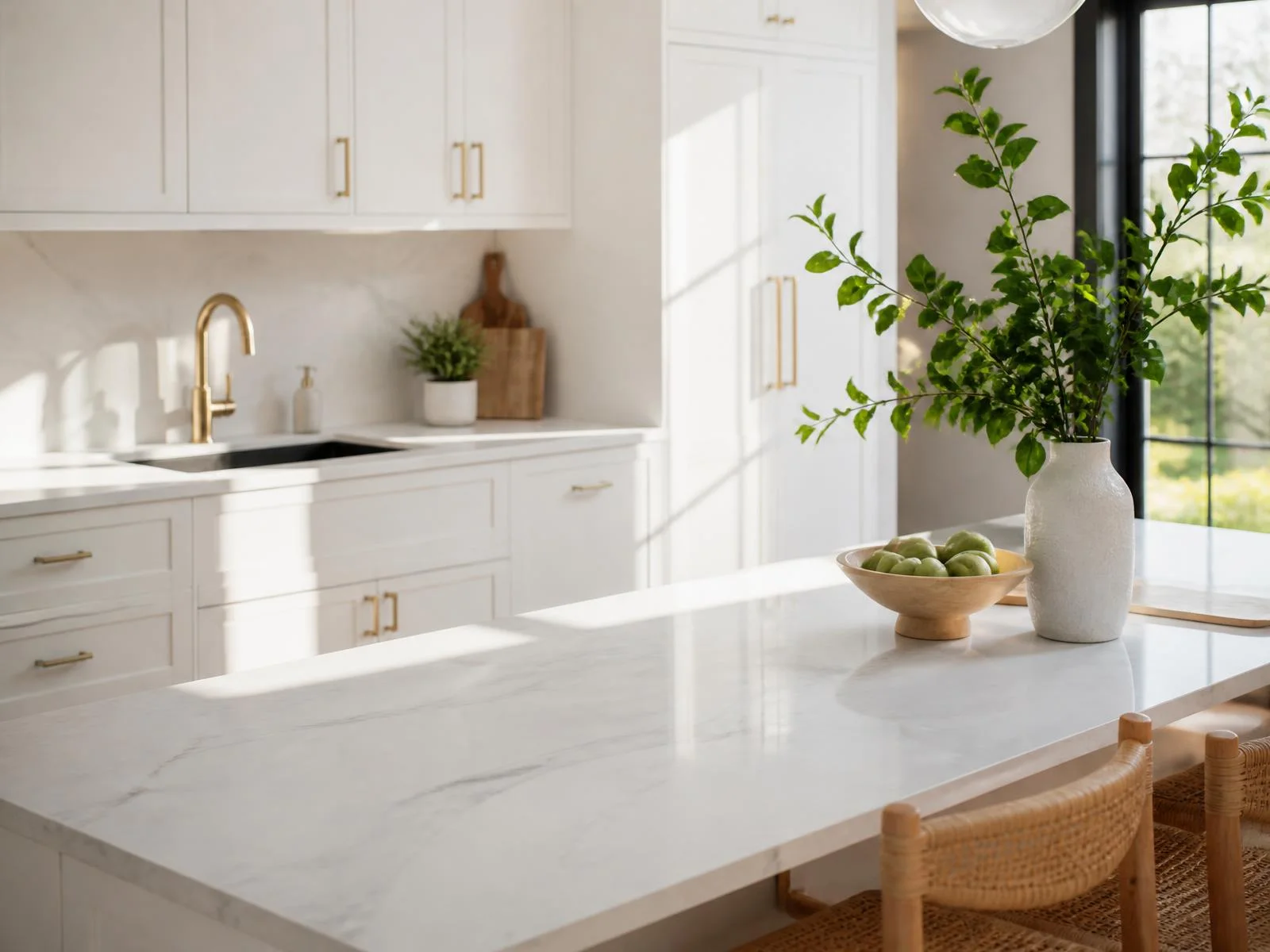 Bright, immaculately clean kitchen with marble counter